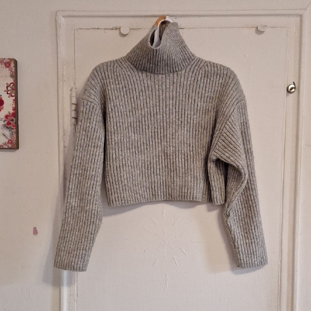 H&M Cropped Ribbed Turtleneck Sweater - Gray